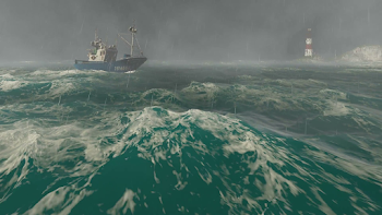 Lightning storm with heavy rain in the open sea with small fishing ...