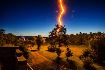 Lightning Strikes Tree in Front of House during Nighttime