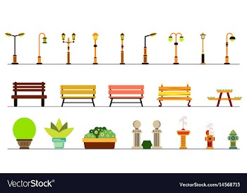 Lights and outdoor elements bench fountain urn vector image
