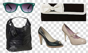 Lily Allen Accesories, black leather handbag, two unpaired pumps, green framed sunglasses, and clutch bag transparent background PNG clipart