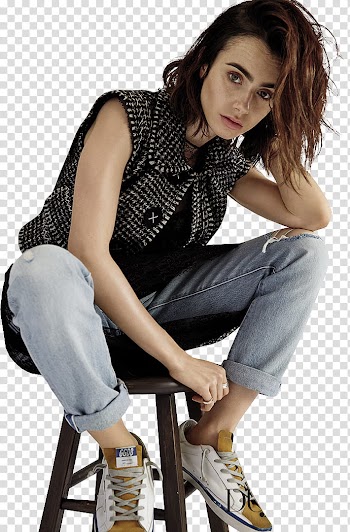 Lily Collins, woman sitting on brown wooden stool chair transparent background PNG clipart