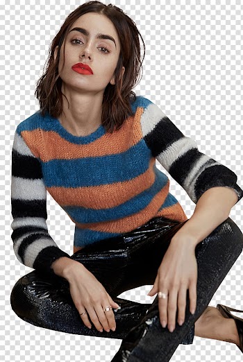Lily Collins, woman wearing striped sweater and pants transparent background PNG clipart