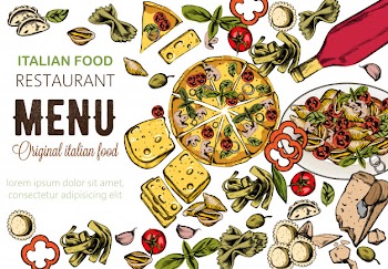 Line art food composition with delicious pizza, pasta with tomatoes, cheese and red wine Free Vector