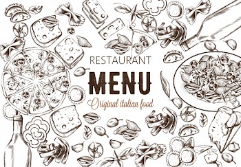 Line art food composition with delicious pizza, pasta with tomatoes Free Vector