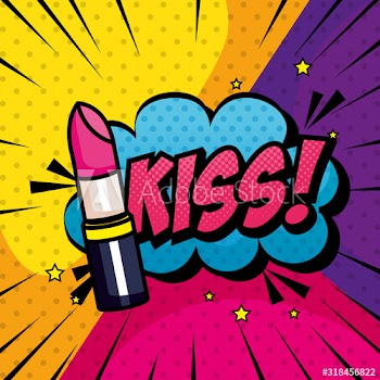 lipstick and cloud with kiss lettering pop art style design