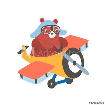 Little bear on airplane flat vector illustration