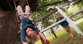 Little boy hanging from a rope ladder smiling at camera Stock ...