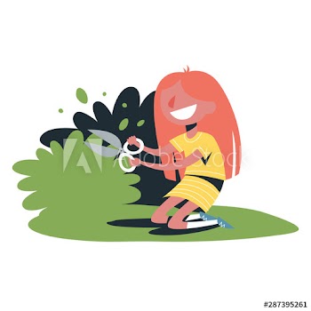 Little child girl cut a green bush