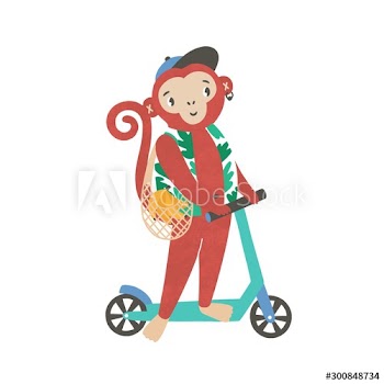 Little monkey on kick scooter flat vector illustration