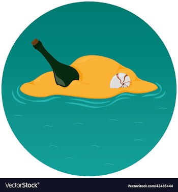 little sand island in ocean with bottle