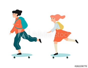 Little school kids riding on the skateboard to the school
