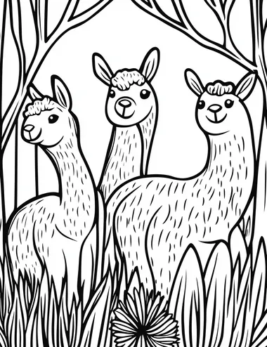 Llamas in the Woods Coloring Page for Kids - Easy Cartoon Style