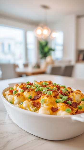Loaded Cauliflower Casserole in Modern Kitchen Setting
