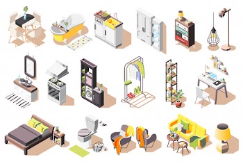Loft interior icons collection of isolated images with modern style furniture for living rooms and bathroom Free Vector