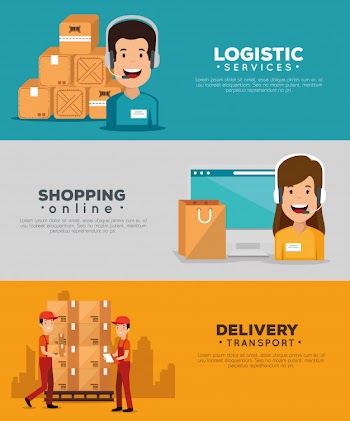 Logistic services with support agent and computer banner set Free Vector