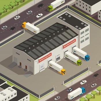 Logistic trucking composition heavy vehicles during loading and shipment cargo near warehouse building Free Vector