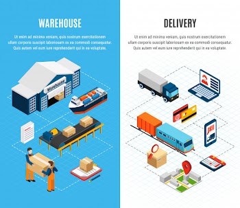 Logistics isometric horizontal banners with warehouse and delivery service on colorful 3d Free Vector