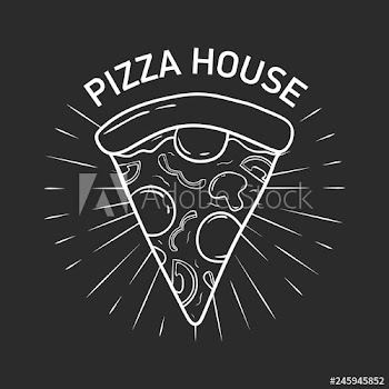 Logotype with delicious pizza slice hand drawn with contour lines in retro style