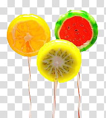 Lollipops textures, orange, lemon, and watermelon fruit lollipops transparent background PNG clipart