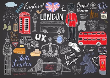 London city doodles elements collection. Hand drawn set with, tower bridge, crown, big ben, royal guard, red bus and cab, UK map and flag, tea pot, lettering, vector illustration isolated.