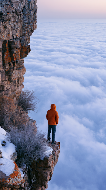 Lone Hiker on Cliff Overlooking Cloud Sea