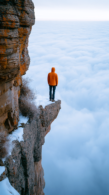 Lone Hiker on Cliff Overlooking Sea of Clouds