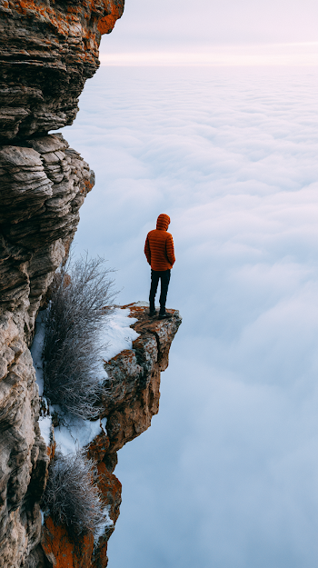 Lone Hiker on Precipitous Cliff Overlooking Sea of Clouds