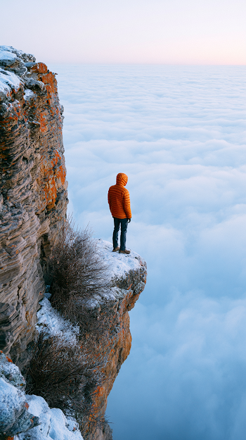 Lone Hiker Overlooking a Sea of Clouds