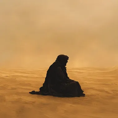 Lone man in traditional attire amid vast desert during sandstorm Lone man in traditional attire amid vast desert during sandstorm