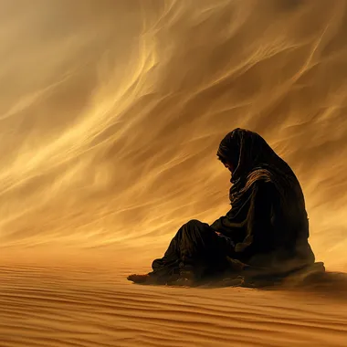 Lone Man in Traditional Attire Amidst Desert Storm and Nomadic Tent Lone Man in Traditional Attire Amidst Desert Storm and Nomadic Tent