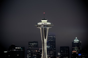 Long exposure of the Space Needle in Seattle on . brisk Seattle morning