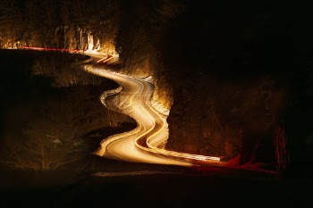 Long exposure of vehicles traveling along the Rt. 97 Scenic Byway. As can been seen from the shot, this is the famous section at Hawk’s Nest that has multiple tight s-bends. The pull-offs along this section give magnificent elevated views of the Delaware River.