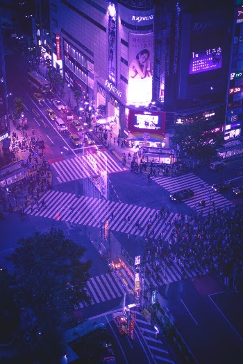 Looking down onto the famous Shibuya crossing in Tokyo Japan