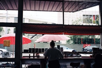 Looking out the window at a cafe in Melbourne.