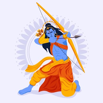 Lord rama sitting in attack position and using the bow Free Vector