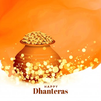 Lovely happy dhanteras festival card with gold coin pot Free Vector