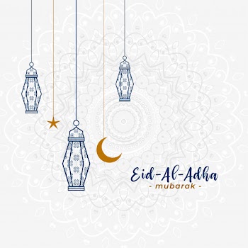 Lovely islamic eid al adha greeting with hanging lamps Free Vector