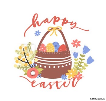 Lovely postcard template with Happy Easter wish handwritten with elegant cursive font and basket with decorated eggs and blooming flowers
