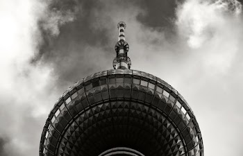 low-angle grayscale photography of CN Tower