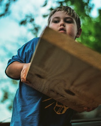 Low Angle Photo of Boy Holding Wooden Panel