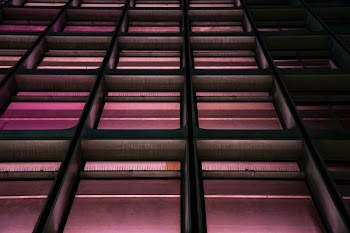 low-angle photo of building with pink lights