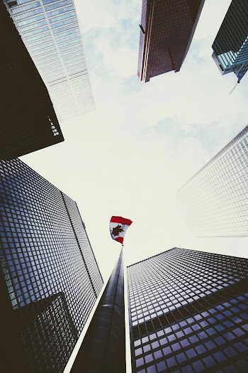 Low-Angle Photo of Canadian Flag Near Tall Buildings
