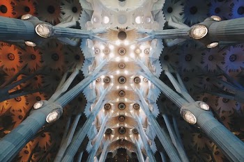 low-angle photo of gray and white LED columns