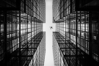 low angle photography of airplane passing above high-rise building