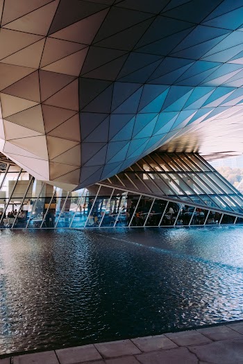 Low Angle Shot Of A Futuristic Building Design With An Outdoor Pond