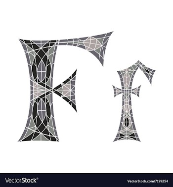 Low poly letter F in gray mosaic polygon vector image
