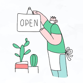 &lsquo;Open&rsquo; COVID-19 business psd new normal doodle character