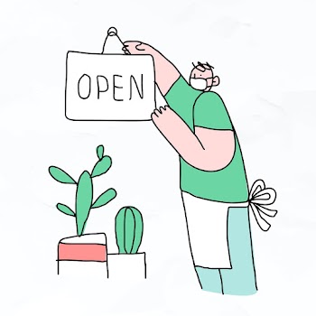 &lsquo;Open&rsquo; COVID-19 business vector new normal doodle character
