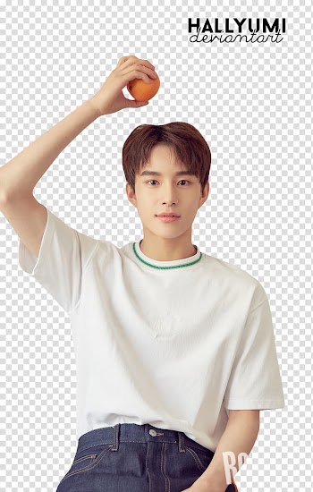 Lucas and Jungwoo, man in white crew-neck shirt holding orange fruit transparent background PNG clipart