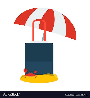 Luggage in the send with crab and umbrella vector image
